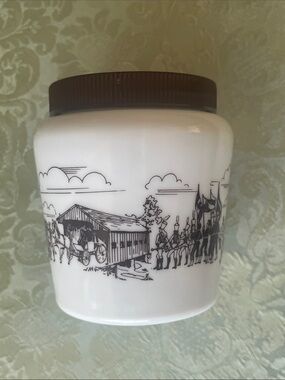 Vintage 1970s Milk Glass Oktoberfest Parade Spice Jar with Brown Lid